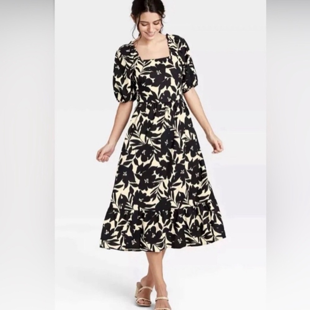 Who What Wear Black Cream Floral Midi Linen Tie Back Dress Tropical Fall  XXL